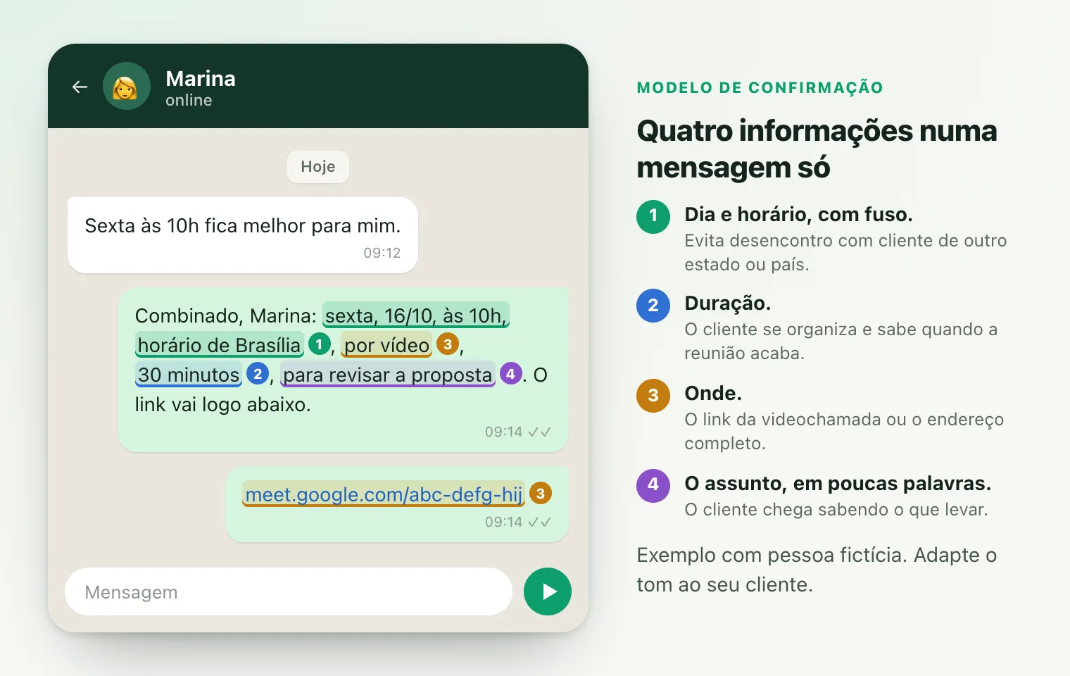Conversa no WhatsApp com a mensagem de confirmação para Marina, com dia e horário, duração, local por vídeo com link e assunto marcados de 1 a 4.
