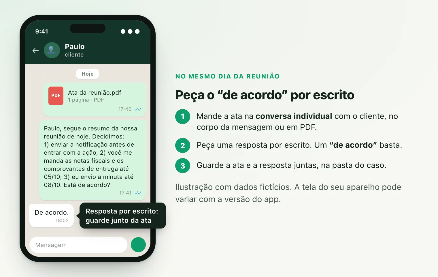 Conversa no WhatsApp: a advogada envia a ata em PDF e o resumo do combinado ao cliente Paulo, que responde “De acordo.”
