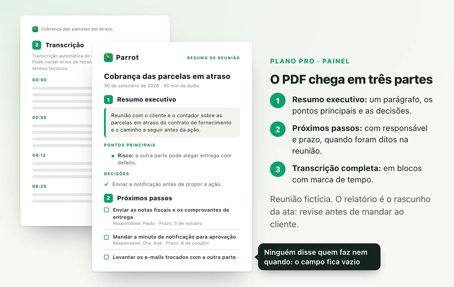 Relatório de reunião em PDF do Parrot: resumo executivo, decisões, próximos passos com responsável e prazo e, na página seguinte, a transcrição com marcas de tempo.